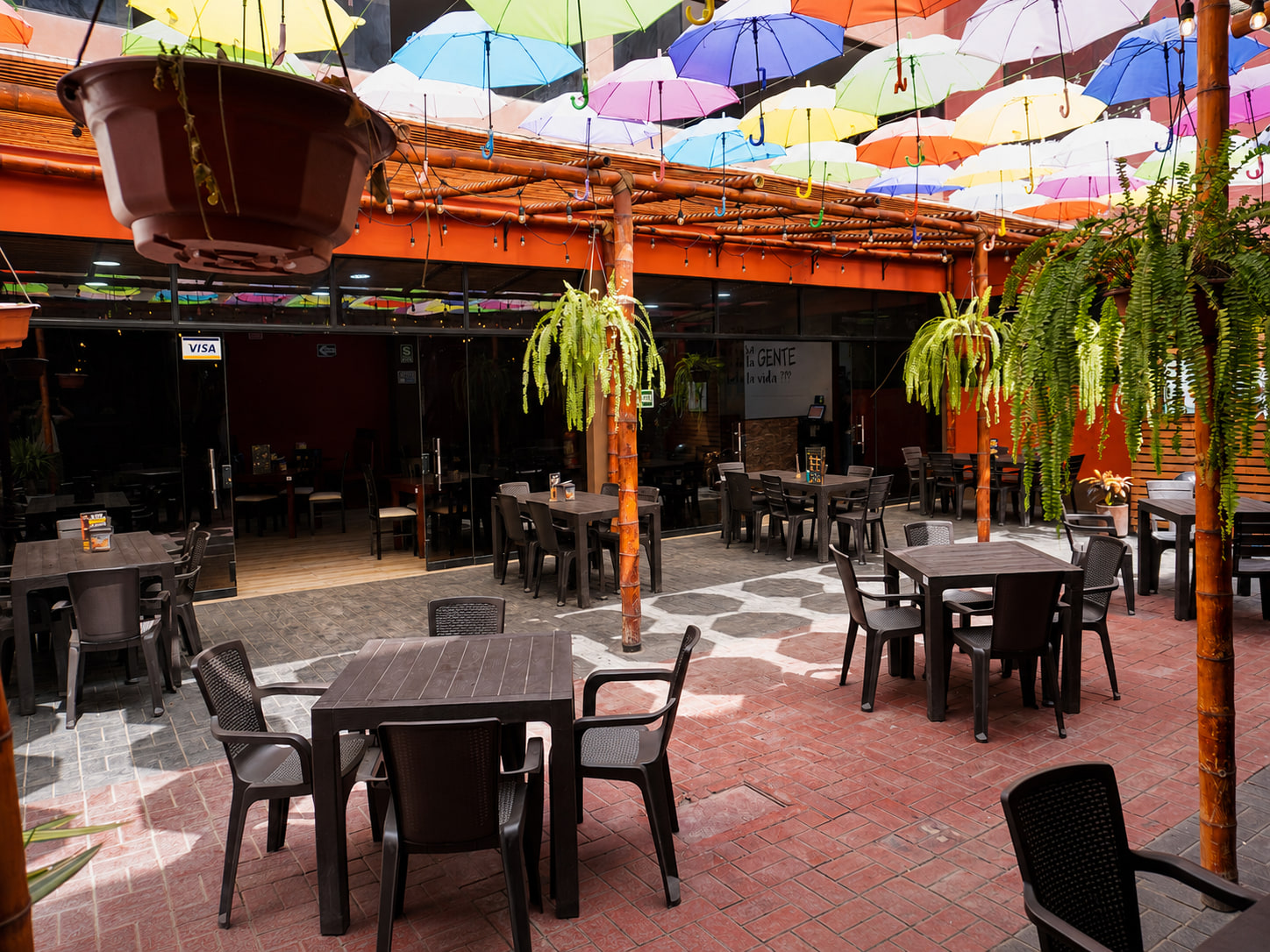 Terraza con sombrillas de colores